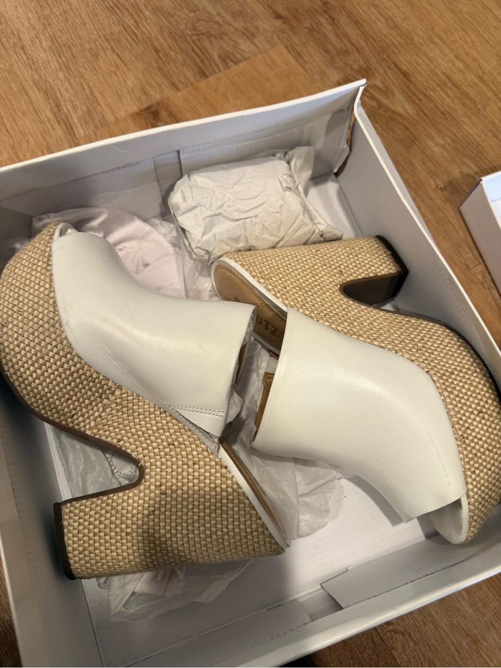 SCHUTZ White Leather Platform Mules with Woven Raffia Heel